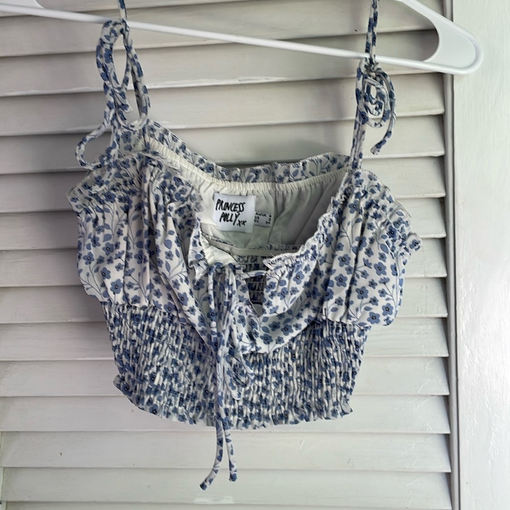 Princess Polly Blue floral tie crop top